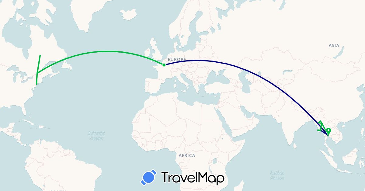 TravelMap itinerary: driving, bus in Canada, France, Myanmar (Burma), Thailand, United States (Asia, Europe, North America)